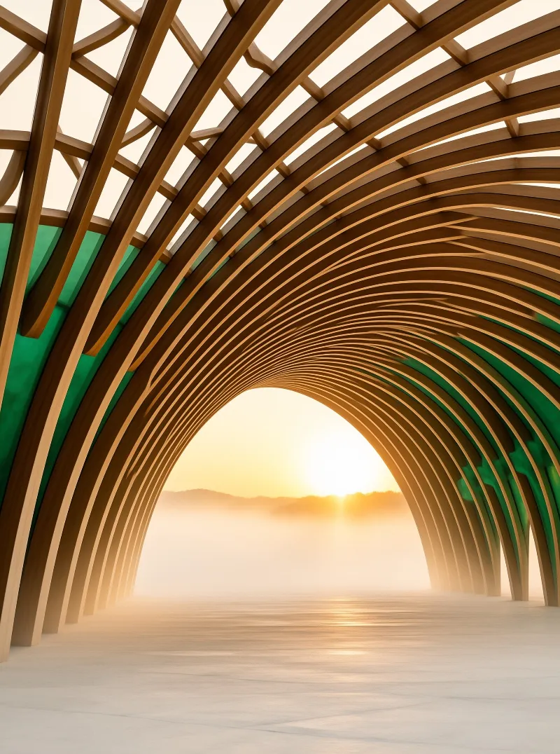 A curved wooden structure with green accents frames a bright morning sun over foggy mountains.