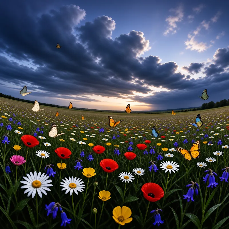 Colorful poppies, daisies and bluebells sway in a wide meadow while butterflies drift under dark clouds.
