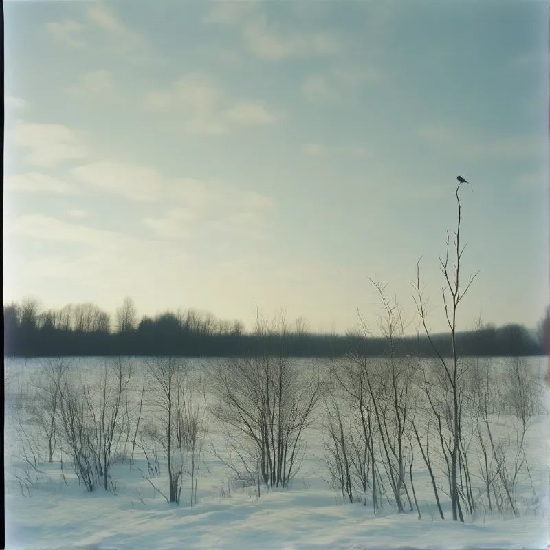 A small bird sits atop a leafless tree in a snowy field near a frozen lake under a pale sky.