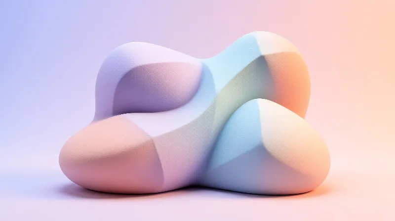 A smooth three dimensional form with rounded lobes in pastel purple pink and blue rests against a soft gradient backdrop.