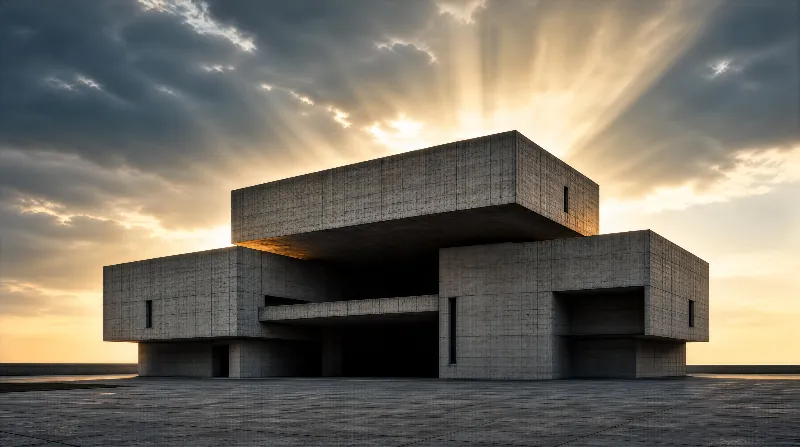 Brutalist Building at Sunset