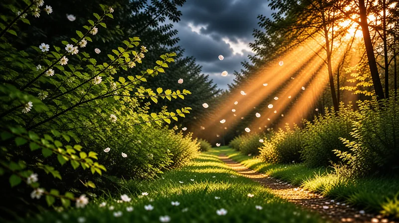 Sunbeams burst through tall trees above a winding meadow path while white petals drift through stormy air.
