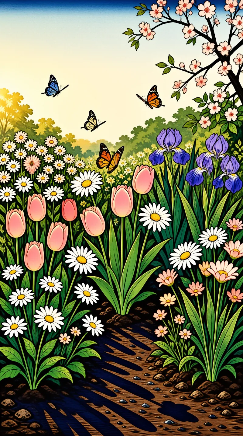A colorful floral landscape featuring pink tulips and purple irises beneath a bright sky with flying butterflies.