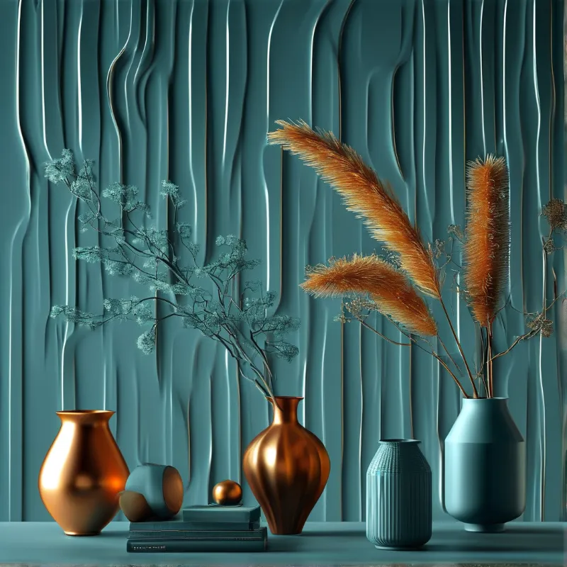 Bronze and teal vases hold dried pampas grass and blue branches against a ribbed teal wall with soft lighting.