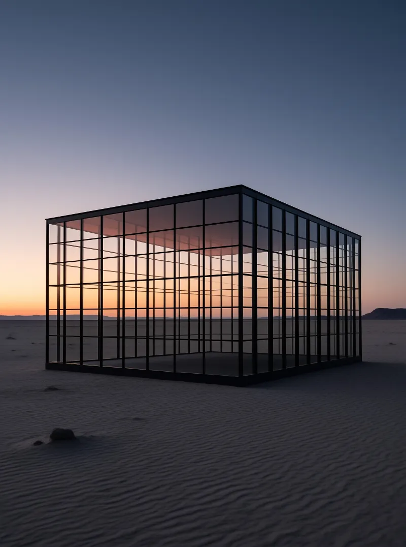 An open glass and steel cube stands alone on rippled sand while the sky fades from orange horizon to deep blue above.