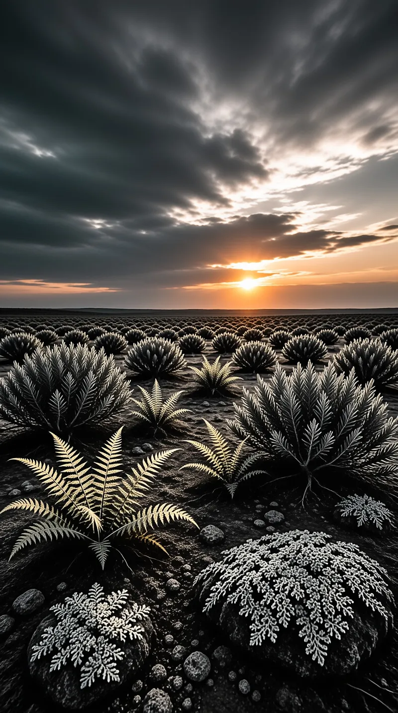 Rows of silver fern plants cover a dark rocky field under a heavy cloudy sky with a bright setting sun.