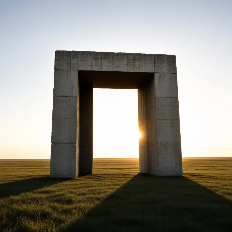 A massive concrete frame structure stands alone in a wide field with the sun shining brightly through its center opening.