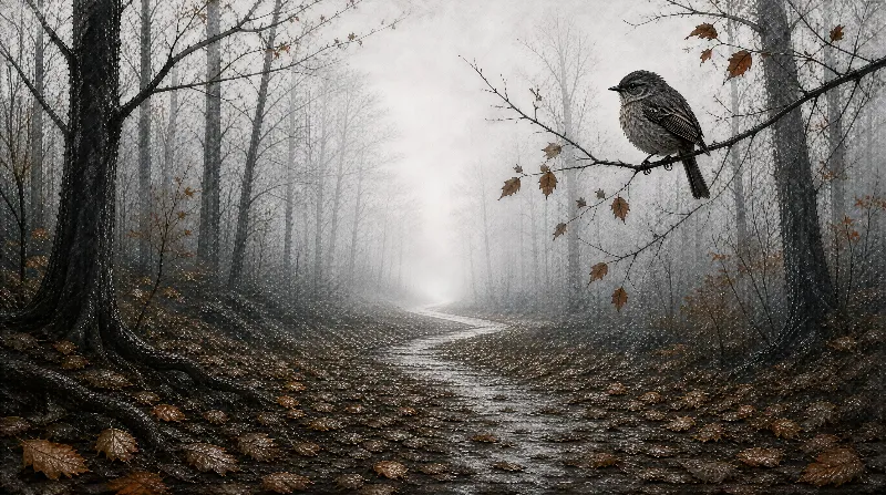A small sparrow perches on a leafy branch in a misty forest with a winding gravel path and scattered fallen autumn leaves.
