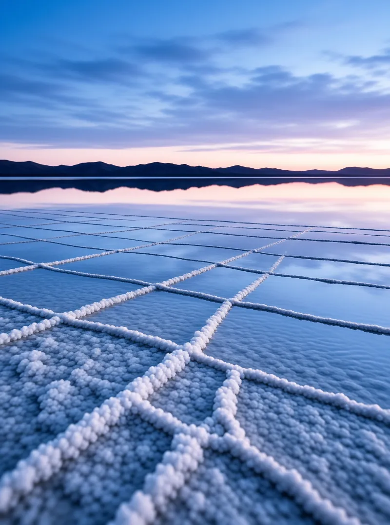 Crystalline salt ridges form a geometric grid across a mirror-like water surface reflecting pink and blue twilight light.