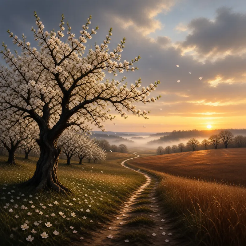 A blossoming orchard tree stands on a green hillside as a dirt path winds toward a misty valley at sunset.