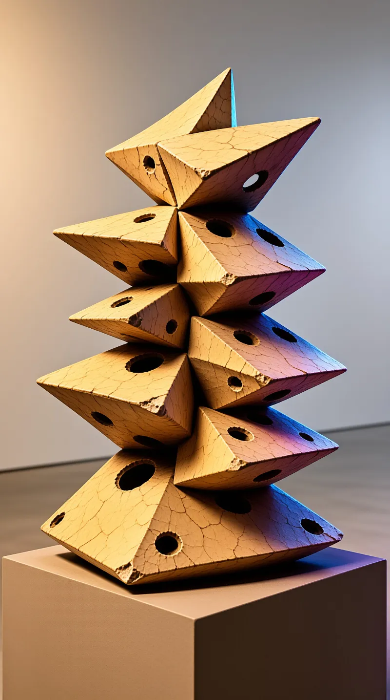 Stacked pyramid blocks with holes form a vertical sculpture resting on a simple cubic pedestal.