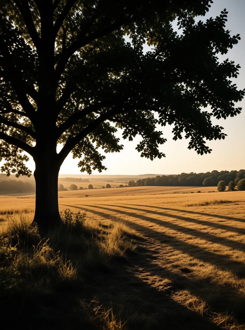 A large dark tree stands on the left of a vast landscape bathed in warm orange light with long shadows across the land.