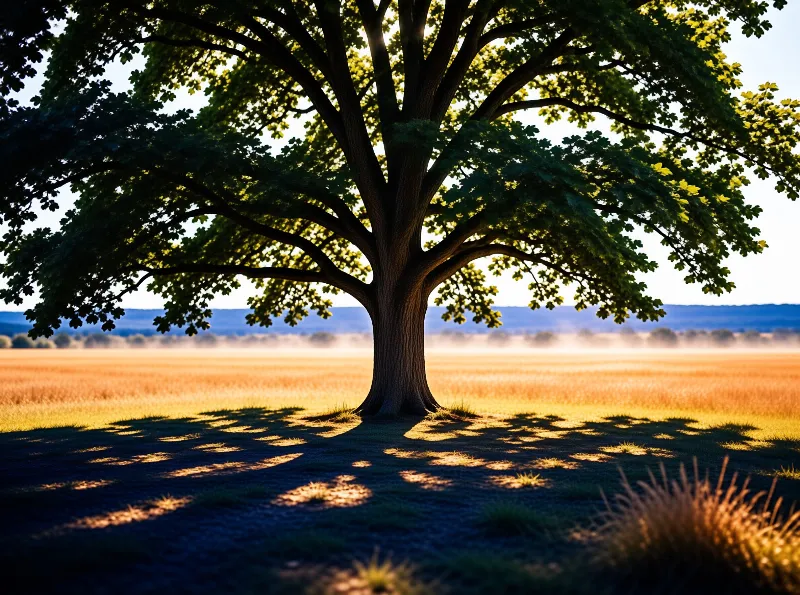 Sunlight filters through a broad canopy onto a golden meadow, where a low band of mist hangs above the distant hedgerows.