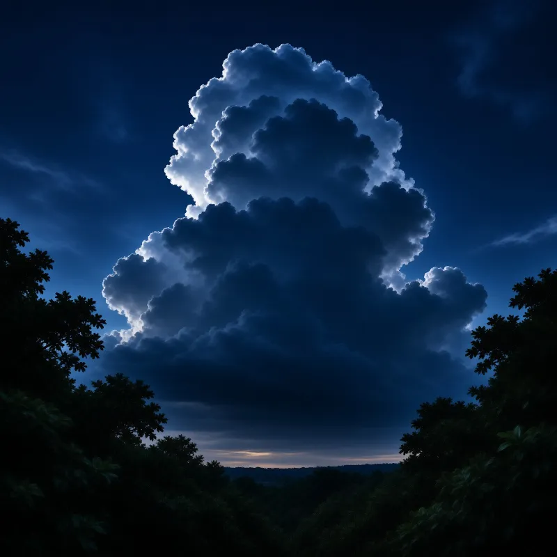 A massive cloud rises against a deep blue twilight sky, framed by dark silhouetted trees at the bottom edge.