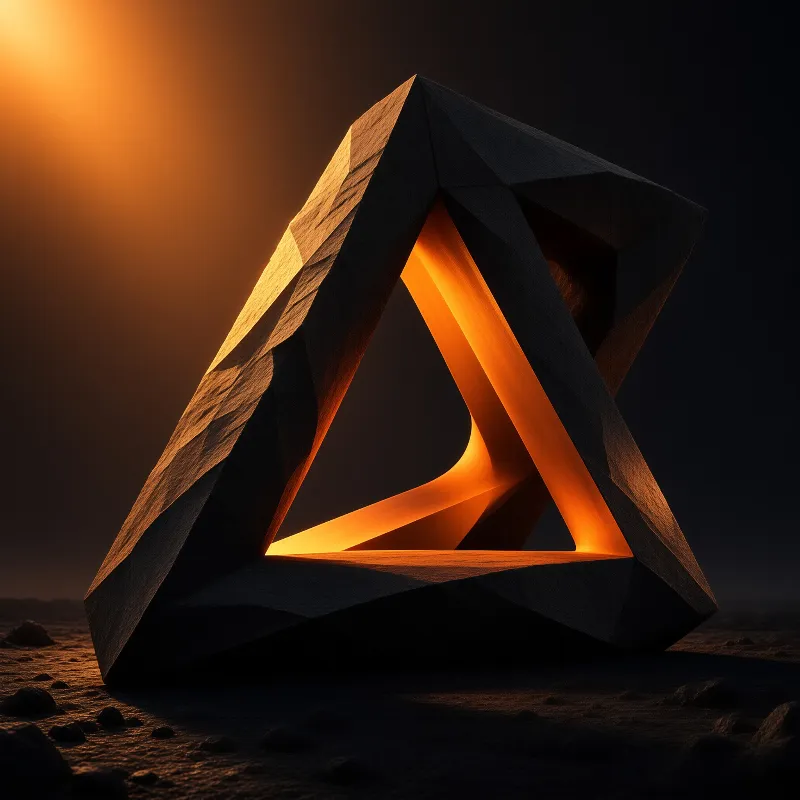 A massive, twisted geometric stone structure stands on a dark, rocky surface, emitting a brilliant orange light from its hollow interior that contrasts sharply with the shadowed exterior.