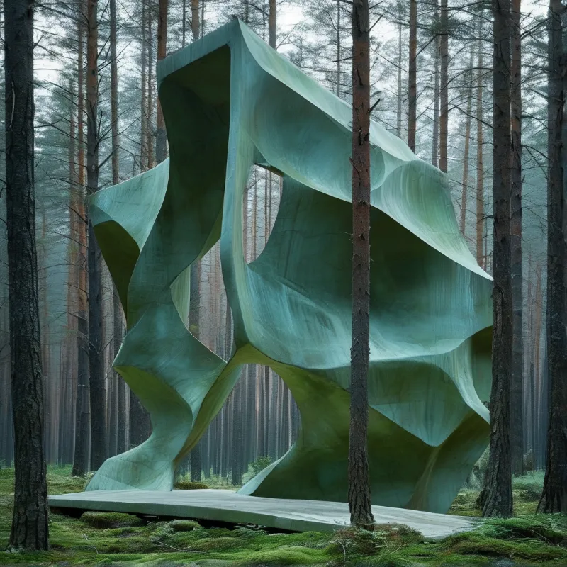 A monumental pale green abstract form of curved sheets rises between tall pines on a mossy forest floor.