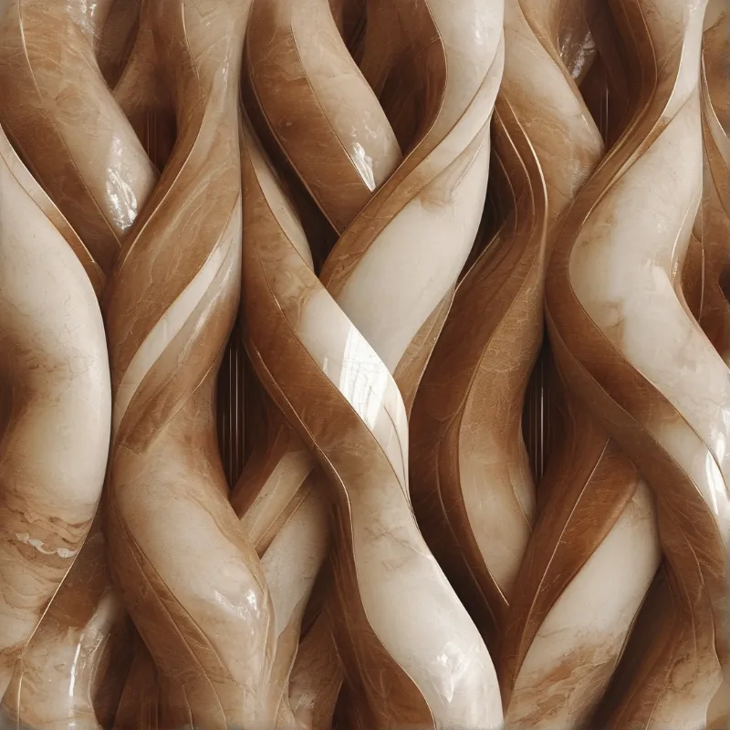 Interwoven marble-like strands create a textured pattern with warm brown and cream tones under soft lighting
