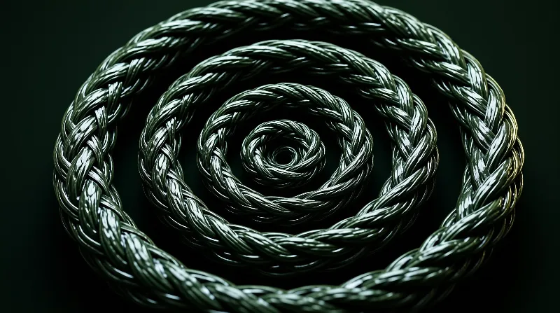 A thick twisted green rope spirals inward on a black background with bright specular highlights.