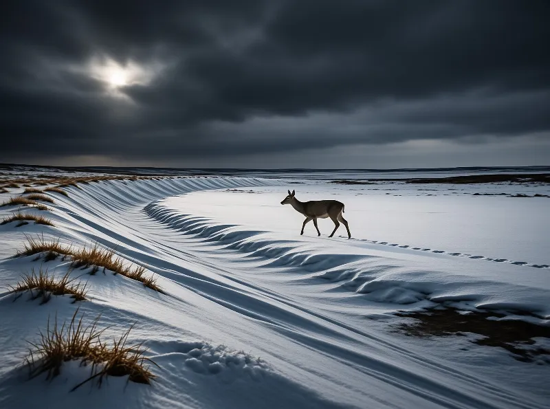 A solitary deer traverses wind sculpted snow dunes beneath heavy grey clouds while sunlight pierces the overcast sky.