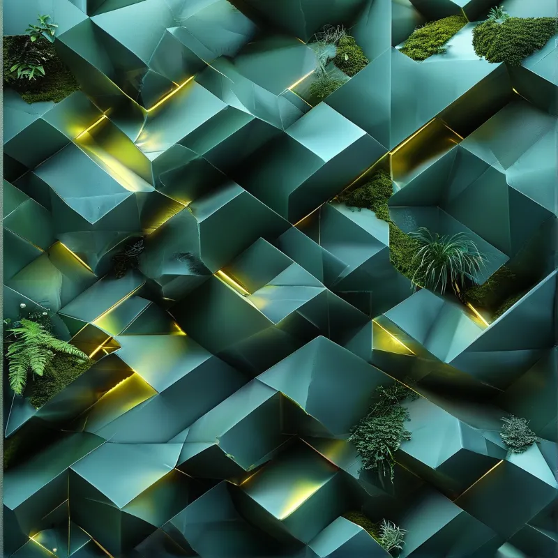 Metal surfaces folded into sharp angles with green plants nestled in crevices under warm golden light