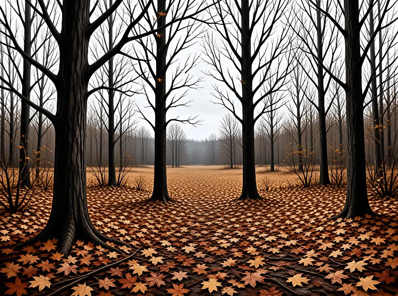 Leafless dark tree trunks line a path thick with orange maple leaves, fading into a pale misty hazy far valley.