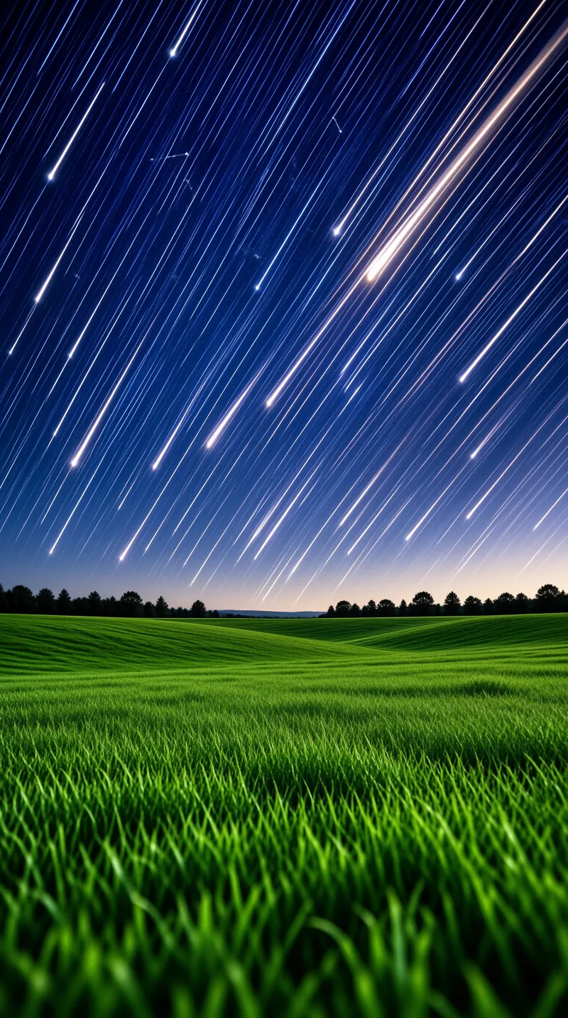 Long streaks of starlight sweep across a deep blue night sky above rolling green grass and a distant dark tree line.