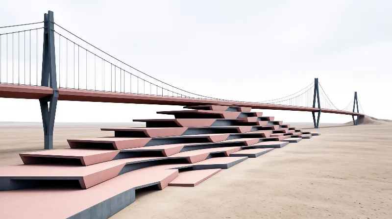 A reddish bridge spans a vast desert, supported by grey pylons and featuring a tiered structure of slabs underneath.