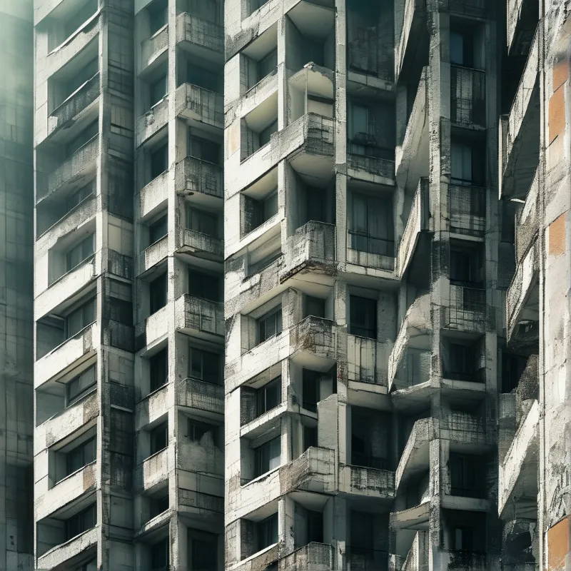 Rows of aged balconies and dark windows stack across the worn concrete face of a tall tower