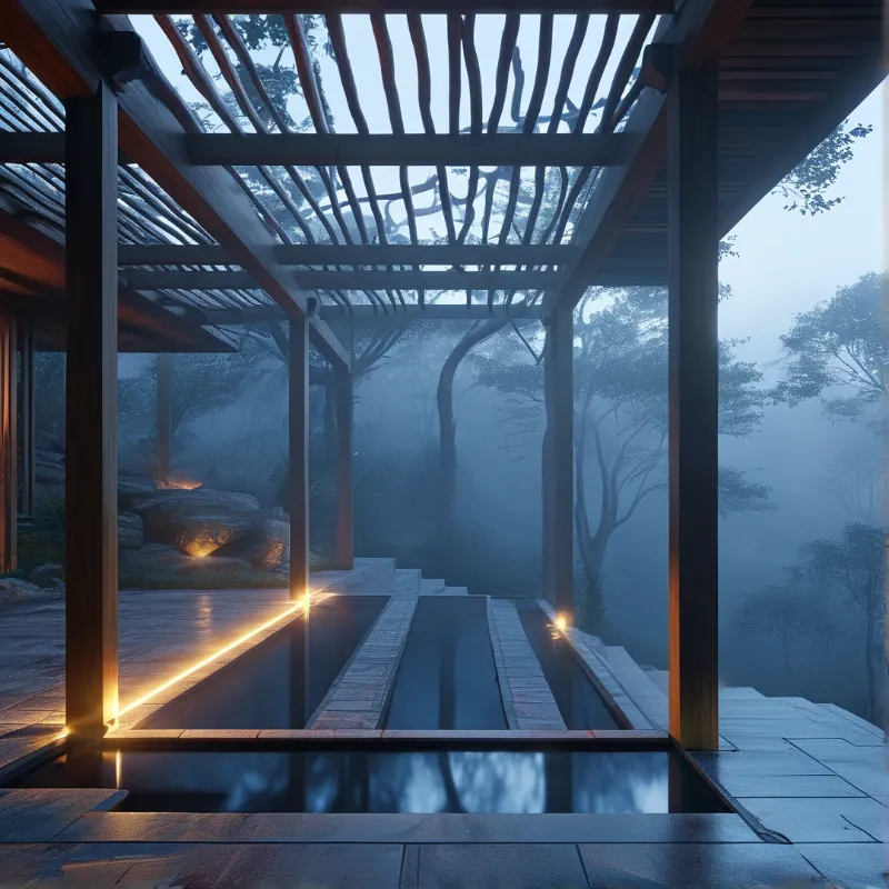 A wooden pergola frames a foggy forest at twilight with a reflective water channel illuminated by warm accent lights.