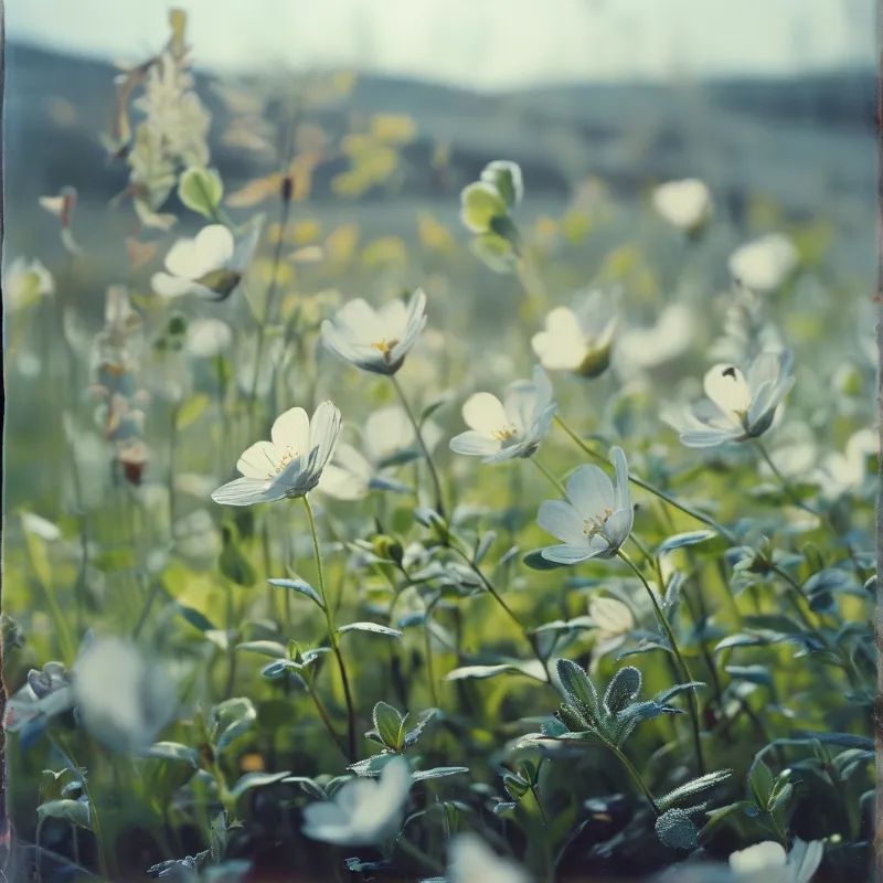 A cluster of delicate white flowers with yellow centers grows among green leaves in a soft hazy outdoor landscape.