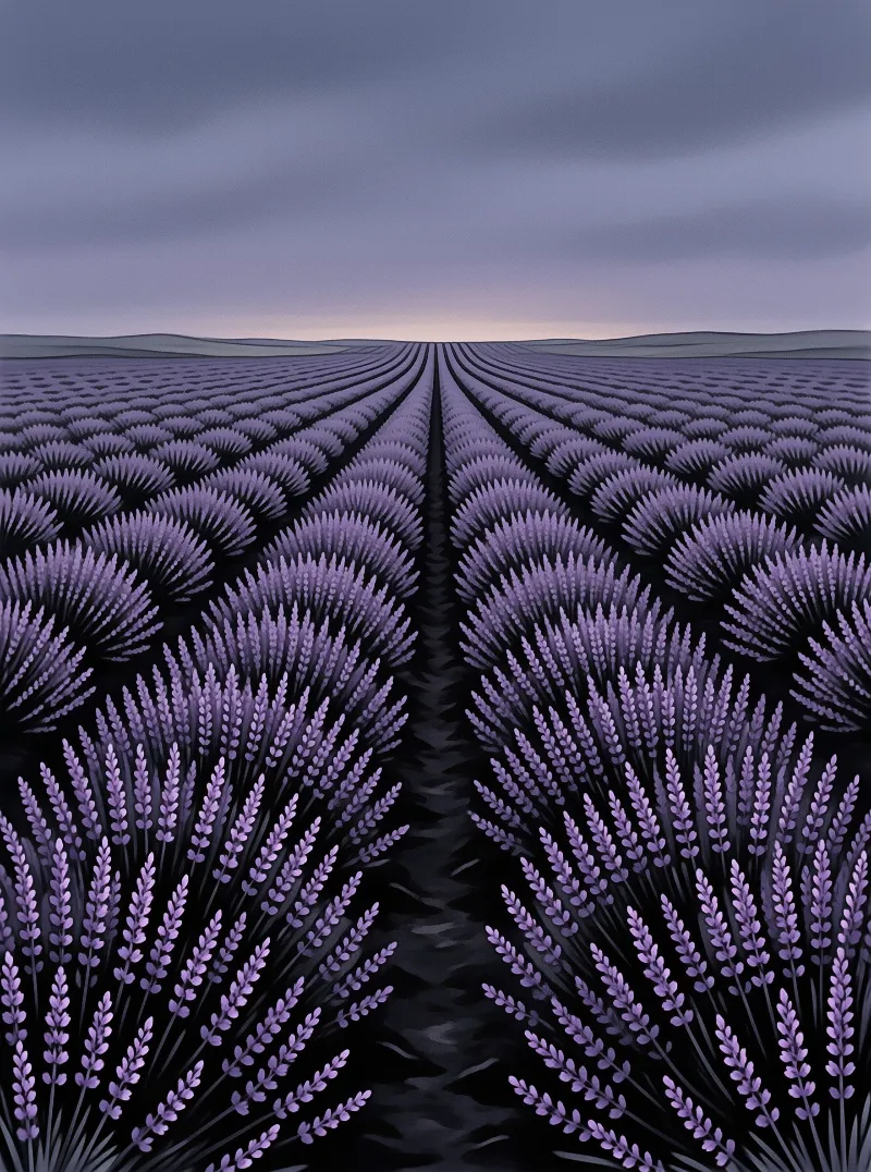 Purple lavender rows stretch symmetrically across a field toward a hazy horizon beneath a cloudy evening sky.