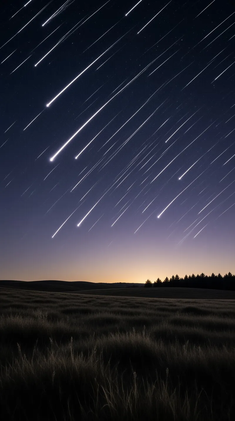 Star trails streak across a gradient night sky above a dark grassy field and a silhouette of rolling hills and pine trees.