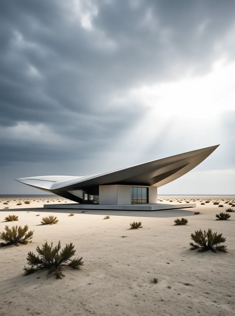 A sweeping curved roof shelters a small glass hall set alone among scattered shrubs on pale sand.
