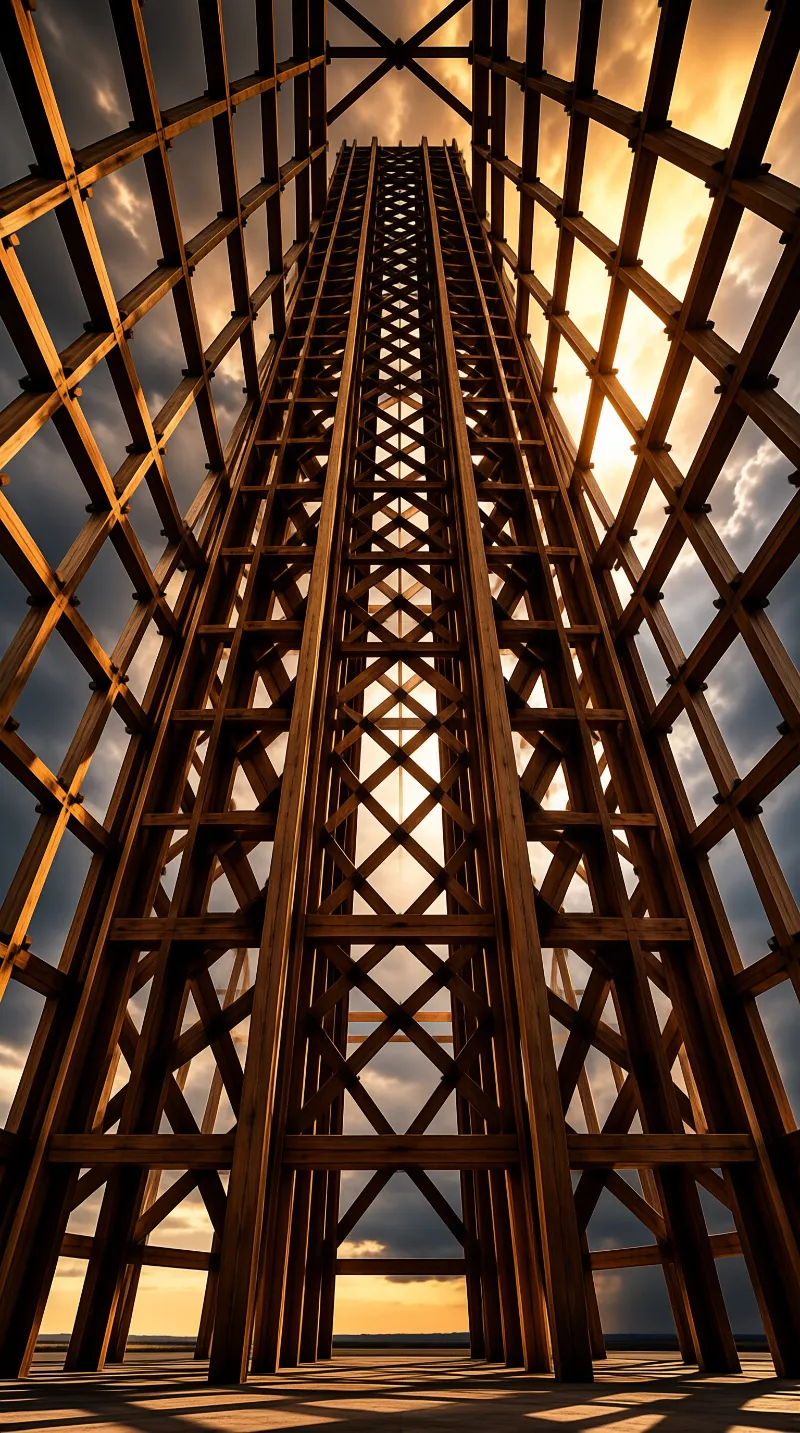 A massive wooden lattice structure stands tall against a backdrop of dramatic clouds and warm evening light.