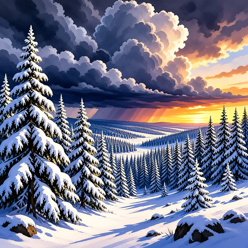 A winter landscape shows snow-laden evergreens on a slope while sunlight breaks through dark clouds.