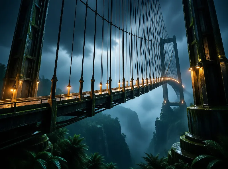 A large stone-towered bridge with warm lights spans a deep, misty canyon filled with tropical vegetation.