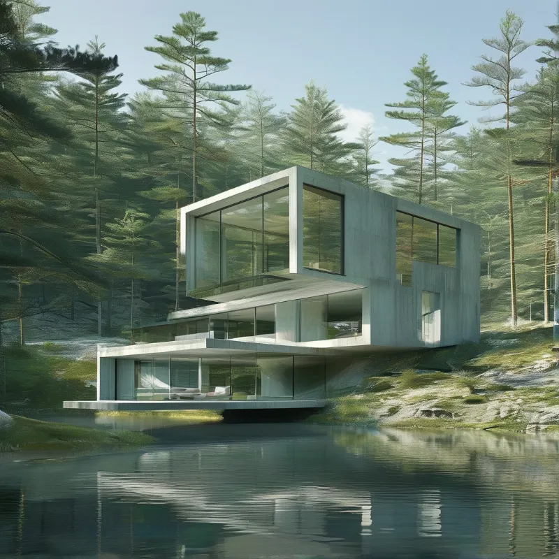 A three storey concrete glass building sits at the edge of a calm lake, framed by dense tall pine trees in soft bright daylight.