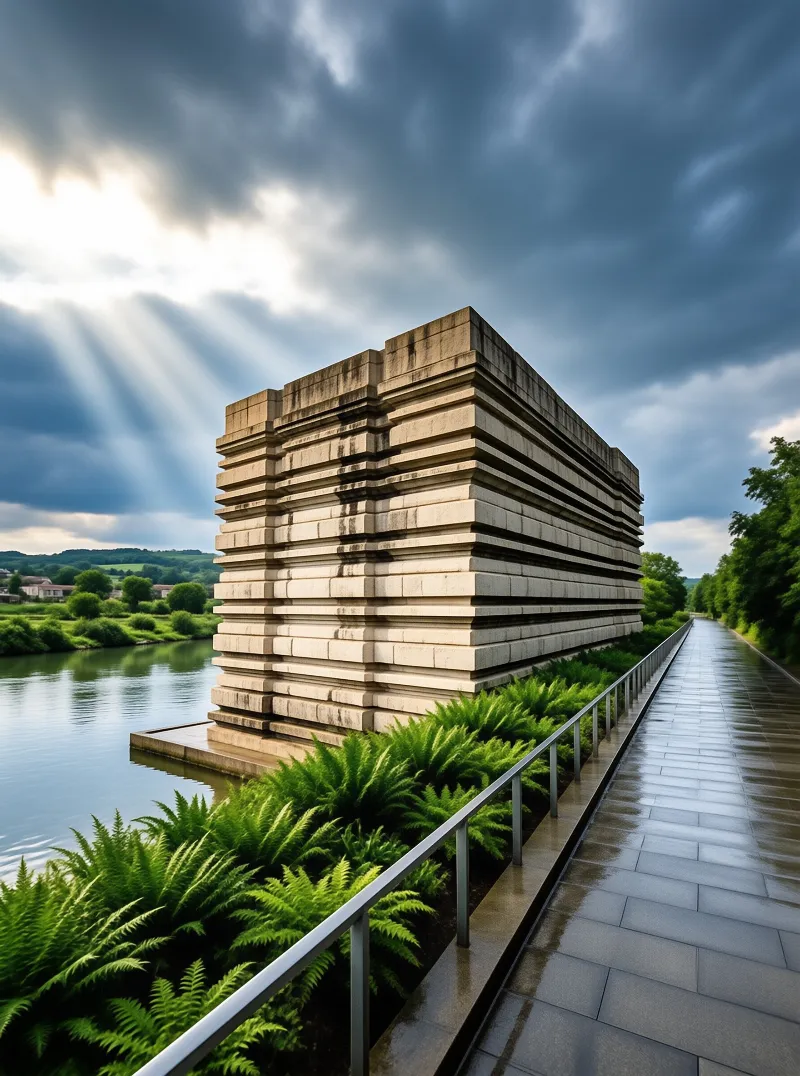 A massive stone monument stands by a river while sunbeams break through dark clouds above a wet path and ferns.