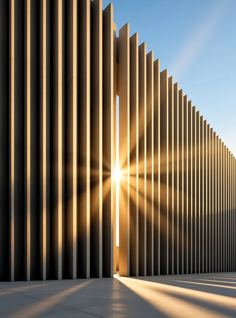 Concrete columns stand against a blue sky while a bright sunburst shines through the gap casting shadows on the ground.