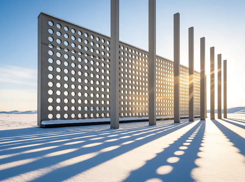 Tall perforated concrete walls and slender vertical columns stand in a snow-covered field with long shadows.