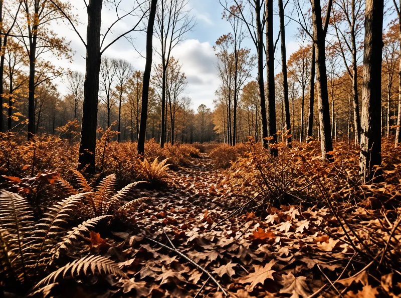 A winding footpath blanketed in fallen oak leaves threads between tall bare trunks and rust coloured ferns.