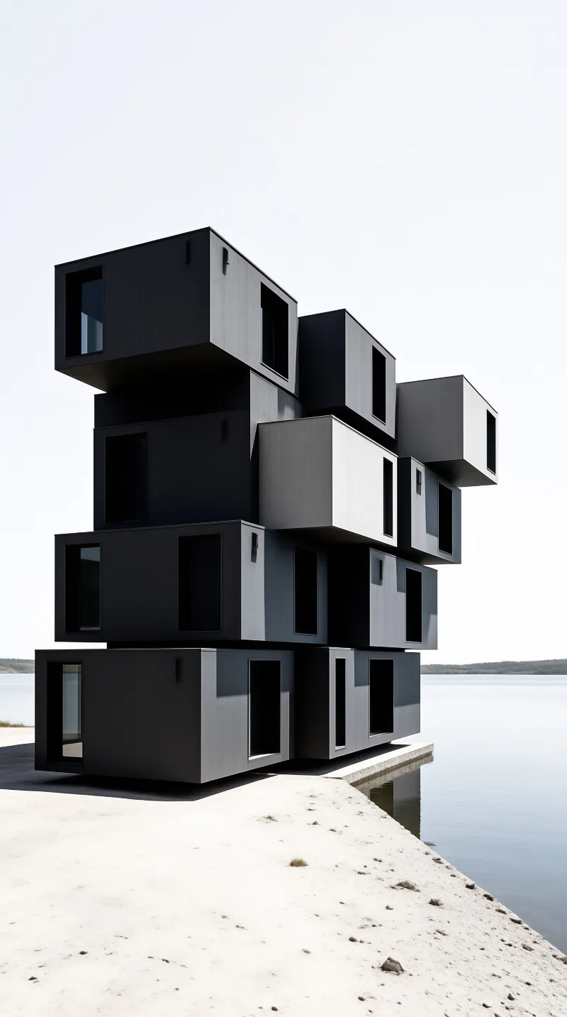 Charcoal cubic modules stack in a staggered jenga like arrangement above a concrete platform beside still water.