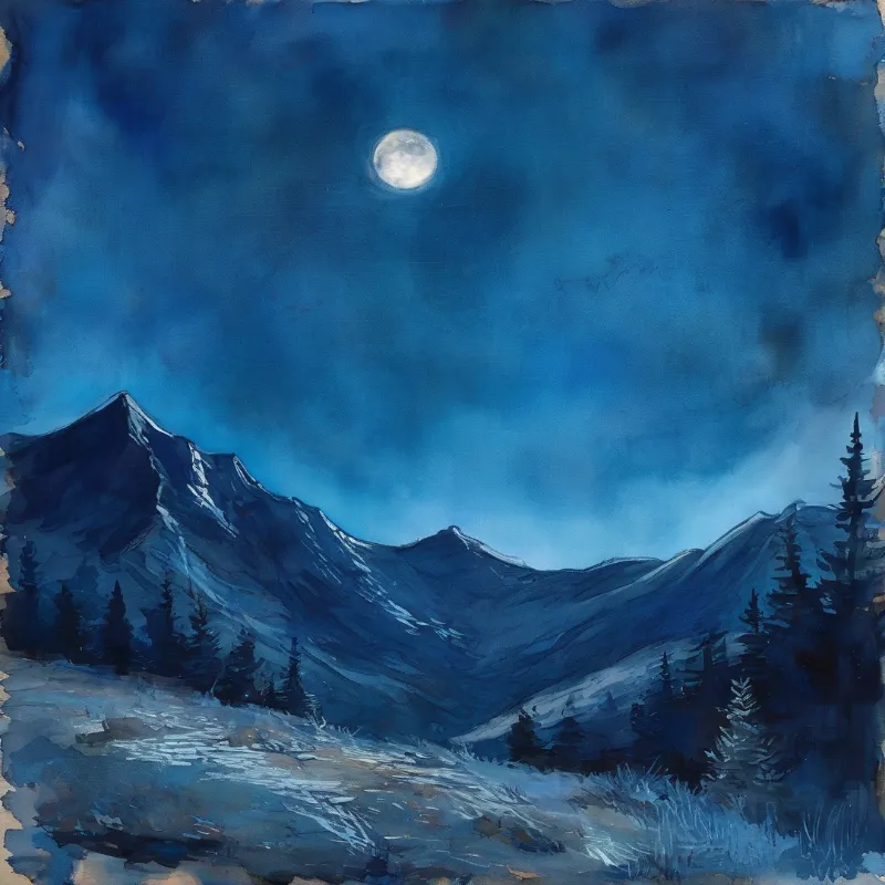 A blue tonal painting of snow-capped mountains beneath a glowing full moon with dark trees in the foreground.