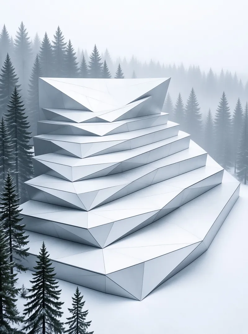 A white geometric sculpture rises from a snowy landscape surrounded by misty pine trees