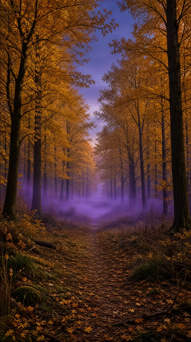 Autumn Forest Path with Purple Mist