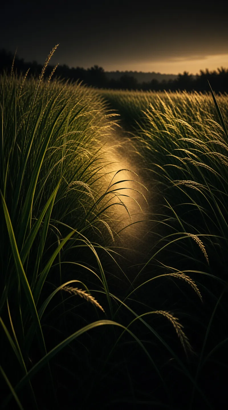 A sun-drenched wheat field curves away under a darkening sky at dusk, soft light piercing through the swaying grain ears.