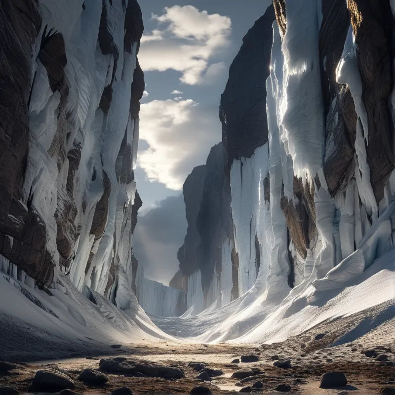 A deep valley lined with towering cliffs covered in thick snow and ice under a cloudy sky with sunlight breaking through