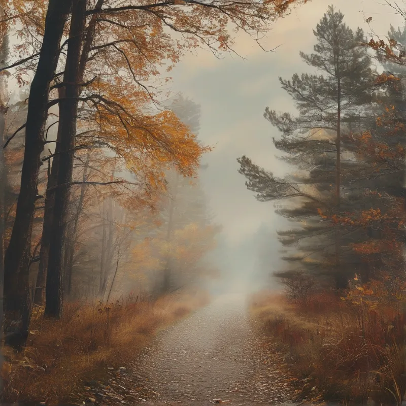A gravel trail winds through a misty woodland where orange leaves hang from tall trees alongside dark green pines.
