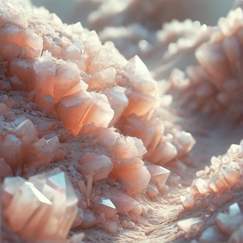 Close up view of pale mineral formations rising from a bed of fine tan dust under warm lighting.