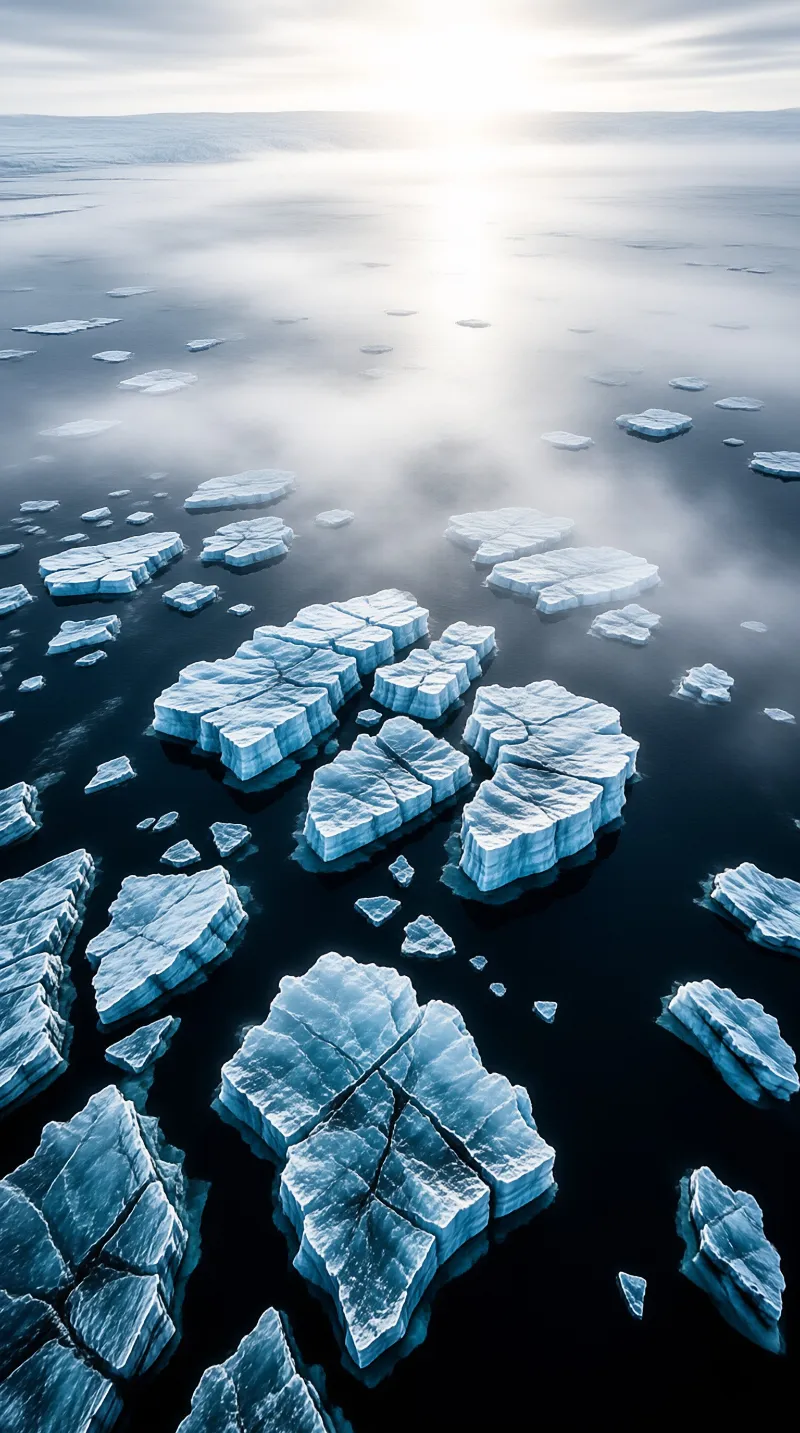 Broken ice floes rest on dark water beneath a layer of mist that obscures the distant horizon line.